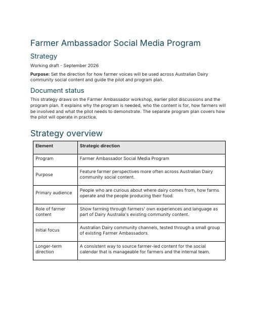 First page of the Farmer Ambassador strategy