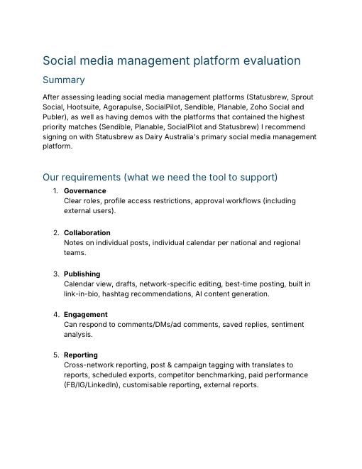 First page of my platform evaluation and recommendation